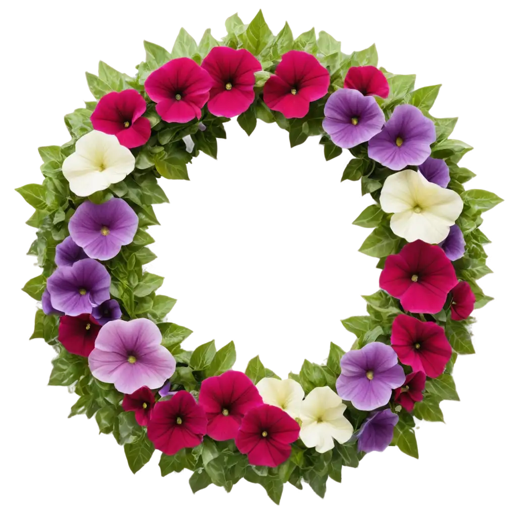 An ornate wreath made of gigantic petunias, summer, day.