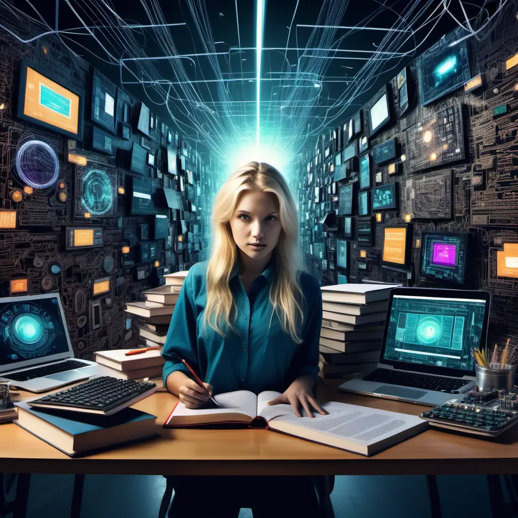 Generate an image that abstractly depicts the accomplishment of completing all coursework and preparing for the final exam in ethical emerging technology. Show a solitary 30 year old blonde female standing amidst a backdrop of technological symbols and imagery, such as circuitry, algorithms, and futuristic landscapes. Surround the figure with symbolic representations of completed assignments, portfolio pieces, and study materials, like books, notes, and digital devices. Use vibrant colors and dynamic compositions to convey a sense of achievement and anticipation for success. Focus on capturing the essence of accomplishment and readiness for the next step in the journey. include lots of color that give the feelings of accomplishment
