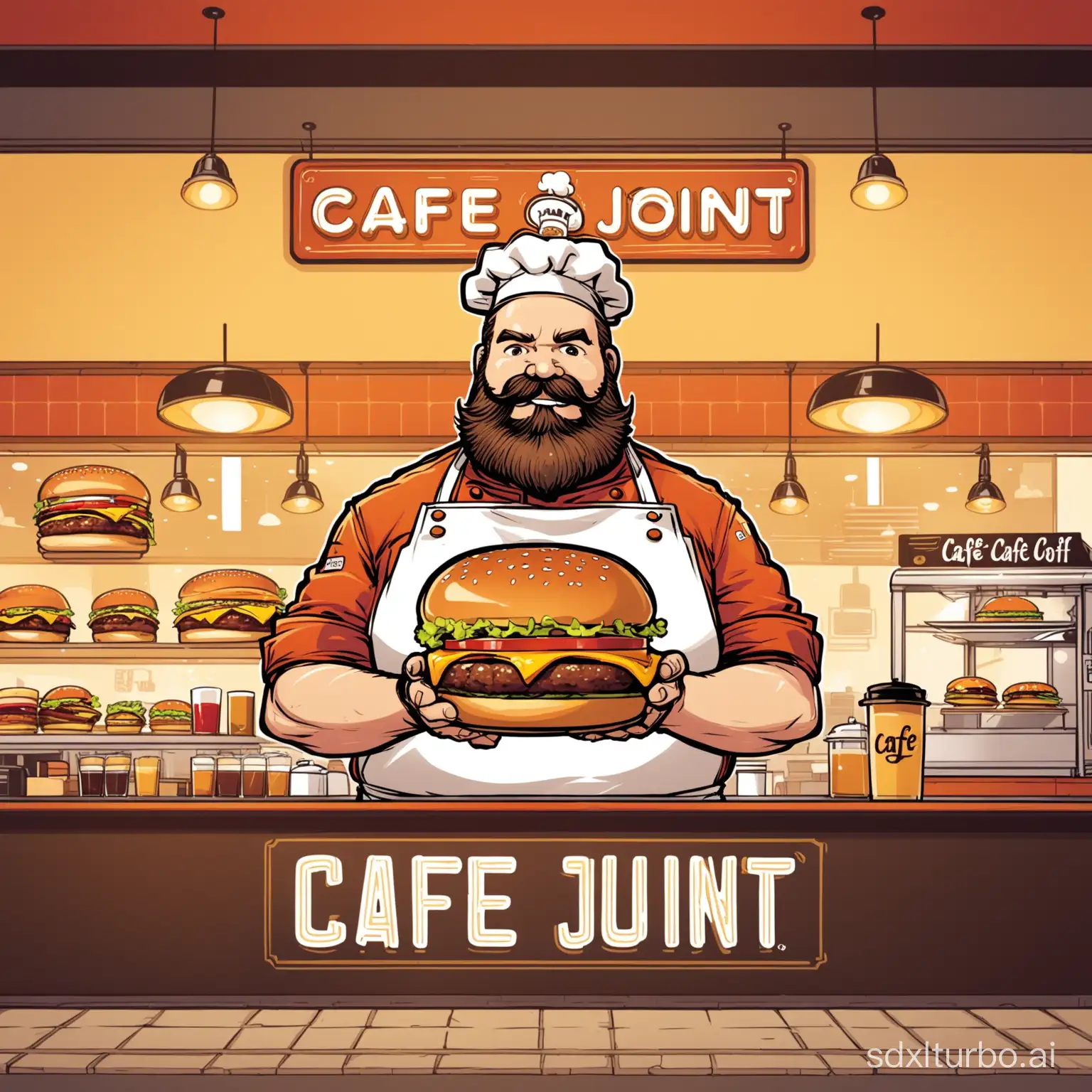 Logo, cafe, burger joint, burgers, burly bearded chef, comics, bright