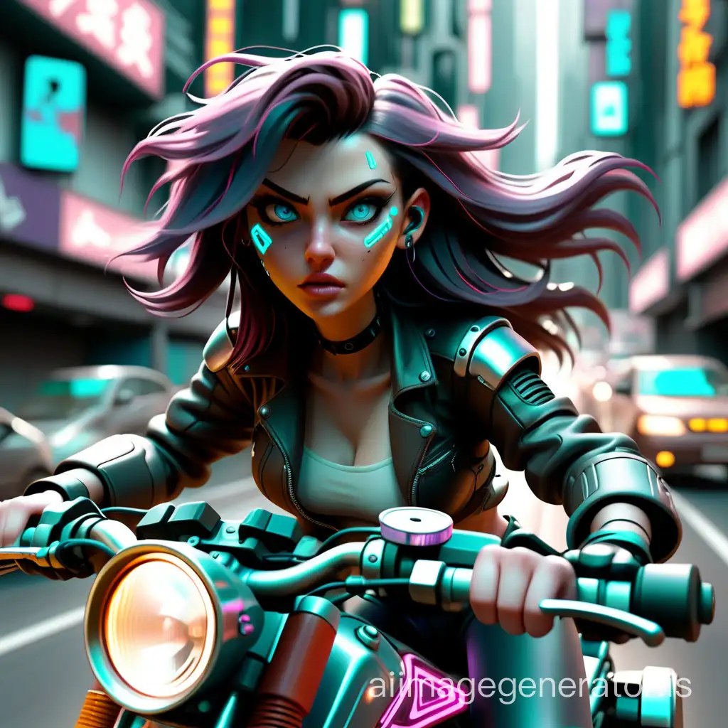A beautiful woman rides a motorcycle through traffic, cyberpunk style, with the camera showing the woman's face.