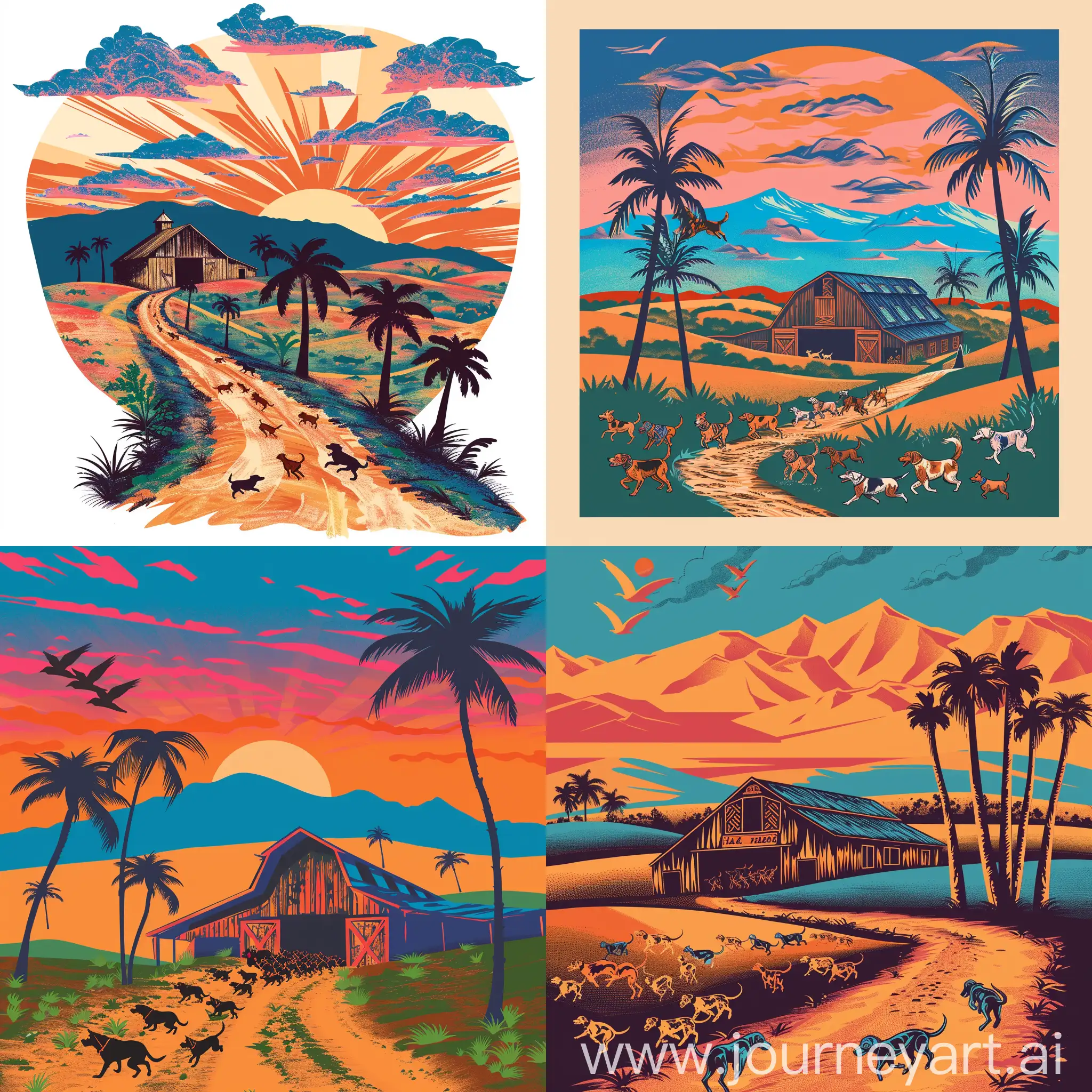 A logo design with Vibrant Orange, blues, and pinks. Like a Florida sunset in the sky and a rustic barn with a lot of dogs running free in open land, some palm trees make the mountains dunes, rolling dunes with palm trees,  Keep the foreground flat and the dirt road coming out of the barn with a lot of dog
