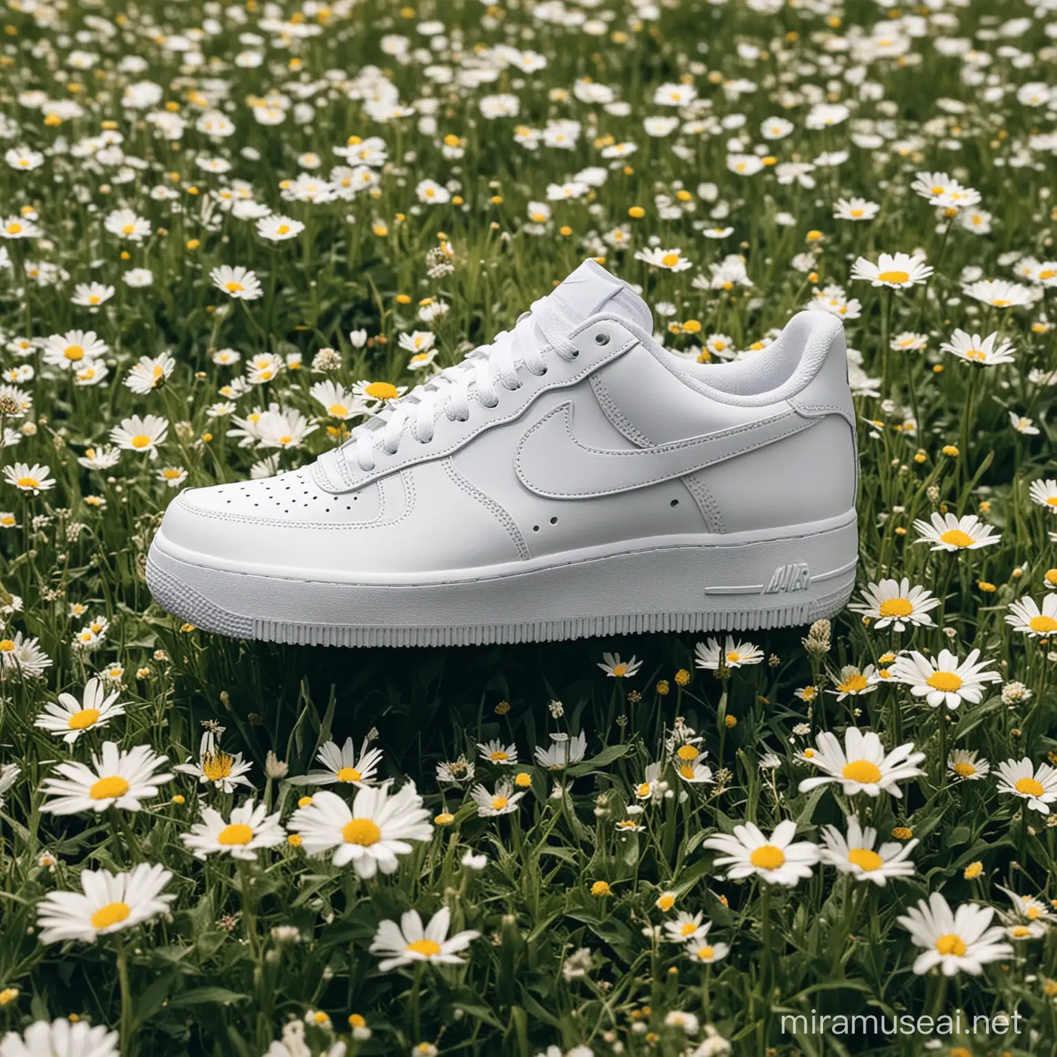 Make a nike air force all white shoe on a meadow with flowers on the shoe

