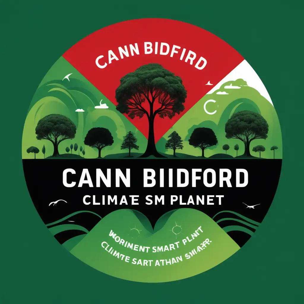 "CANN BIDIFORD" WORDED LOGO IN RED AND BLACK AGAINST A CLIMATE SMART THEME IN GREEN PLANET COLORS