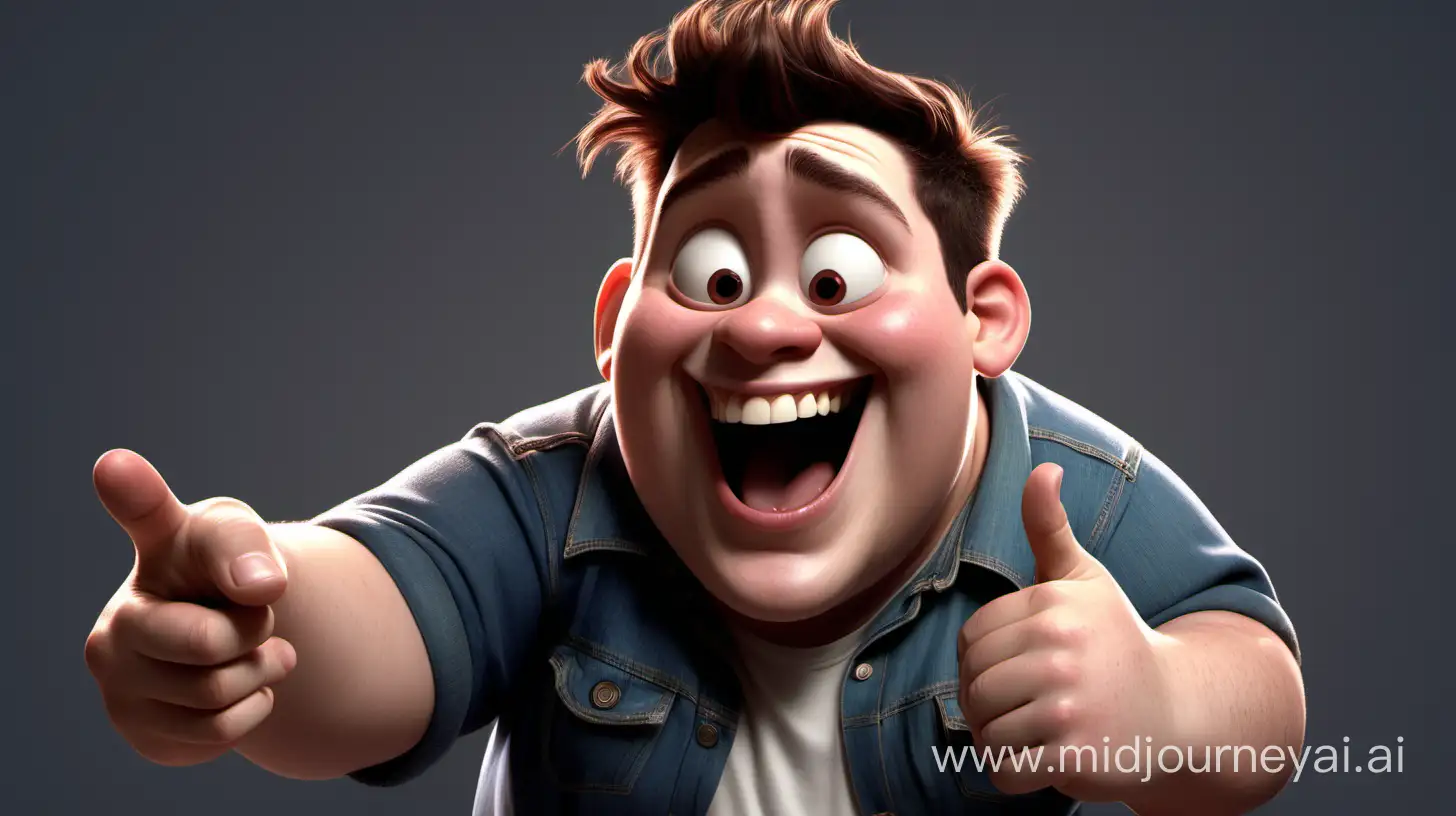 Pixar style younger short teen mean bully heavyset pointing at low angled camera laughing multple no background 