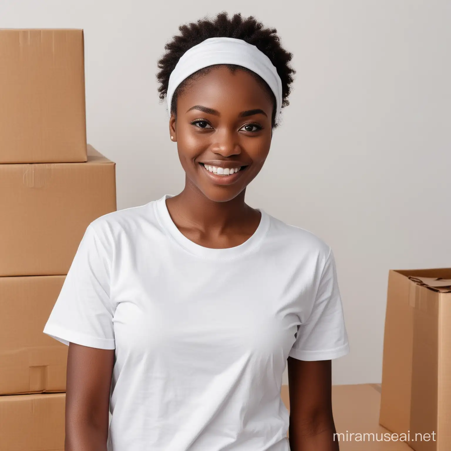 An African delivery lady wearing a white t shirt holding a package

