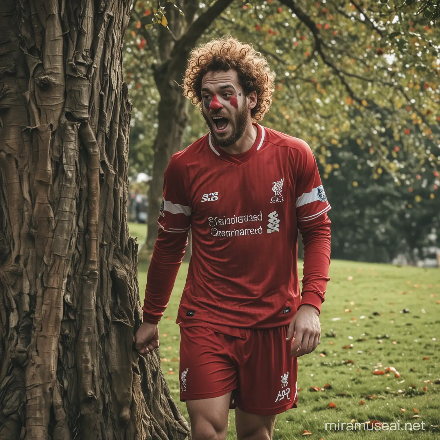 a clown-looking man with curly, flowing hair in the colors of a Liverpool jersey was seen crying loudly under a tree.
several men wearing other club jerseys laughed at him in the distan