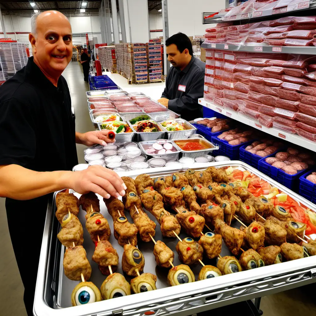 Costco worker handing out humongous eyeballs kebabs on the sample cart 
