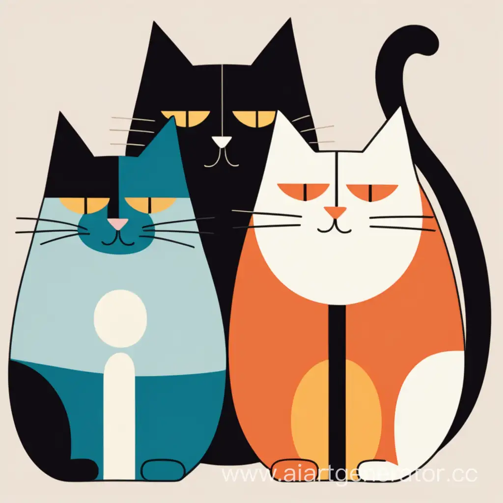 Три разных толстых цветных кота минимализм примитив растровый рисунок абстрактно упрощённо конструктивизм лучизм супрематизм