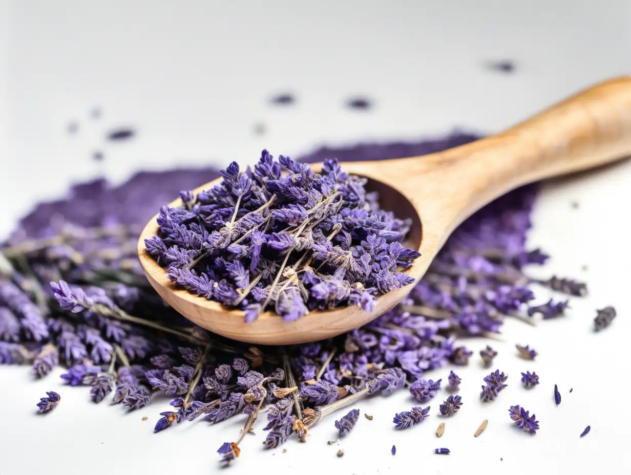 dried lavender in a wooden spoon on a white background