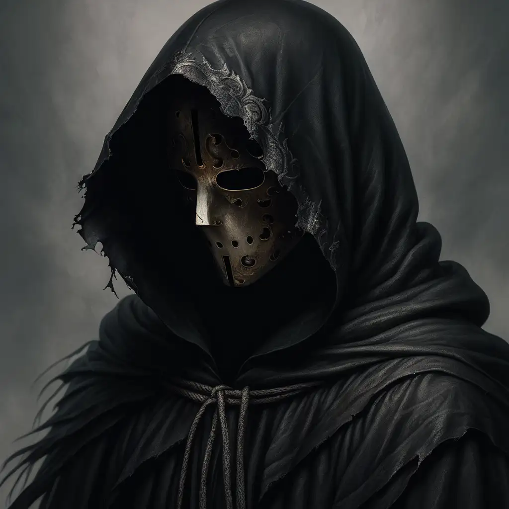 Man with no face, wearing hood and wearing all black torn robe, close up, Facing forward, dark Renaissance 