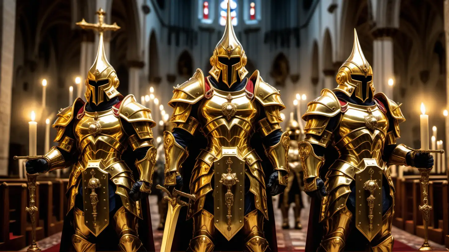 5 super soldiers, with large plasma swords made out of gold. The soldiers is covered with thick plate armor and a enclosed helmets. The armor is decorated with the finest gold and jewelry and sigils depicting eternal war. The soldiers is standing in a church lit with candles and holy decorations.
