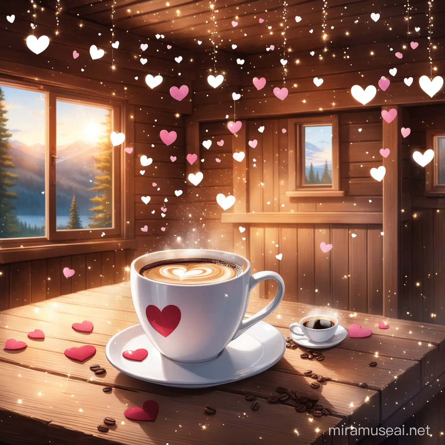 Country coffee cup with hearts floating above glitter in a cabin 