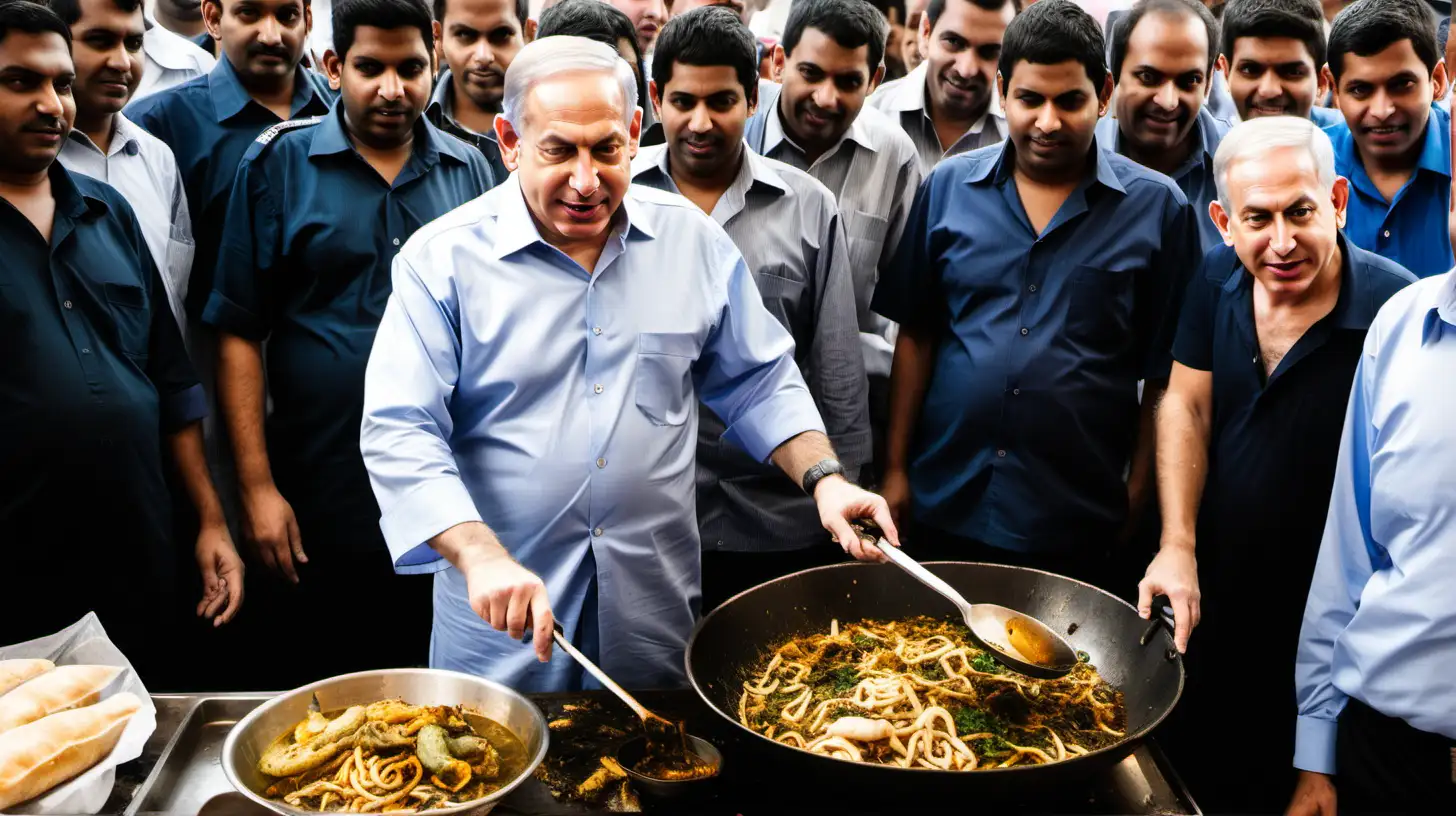Benjamin Netanyahu is a street food cook in Delhi. Netanyahu's clothes are dirty, torn, and disgusting. Huge wok full of filthy oil. The food looks disgusting. He is surrounded by hungry customers.