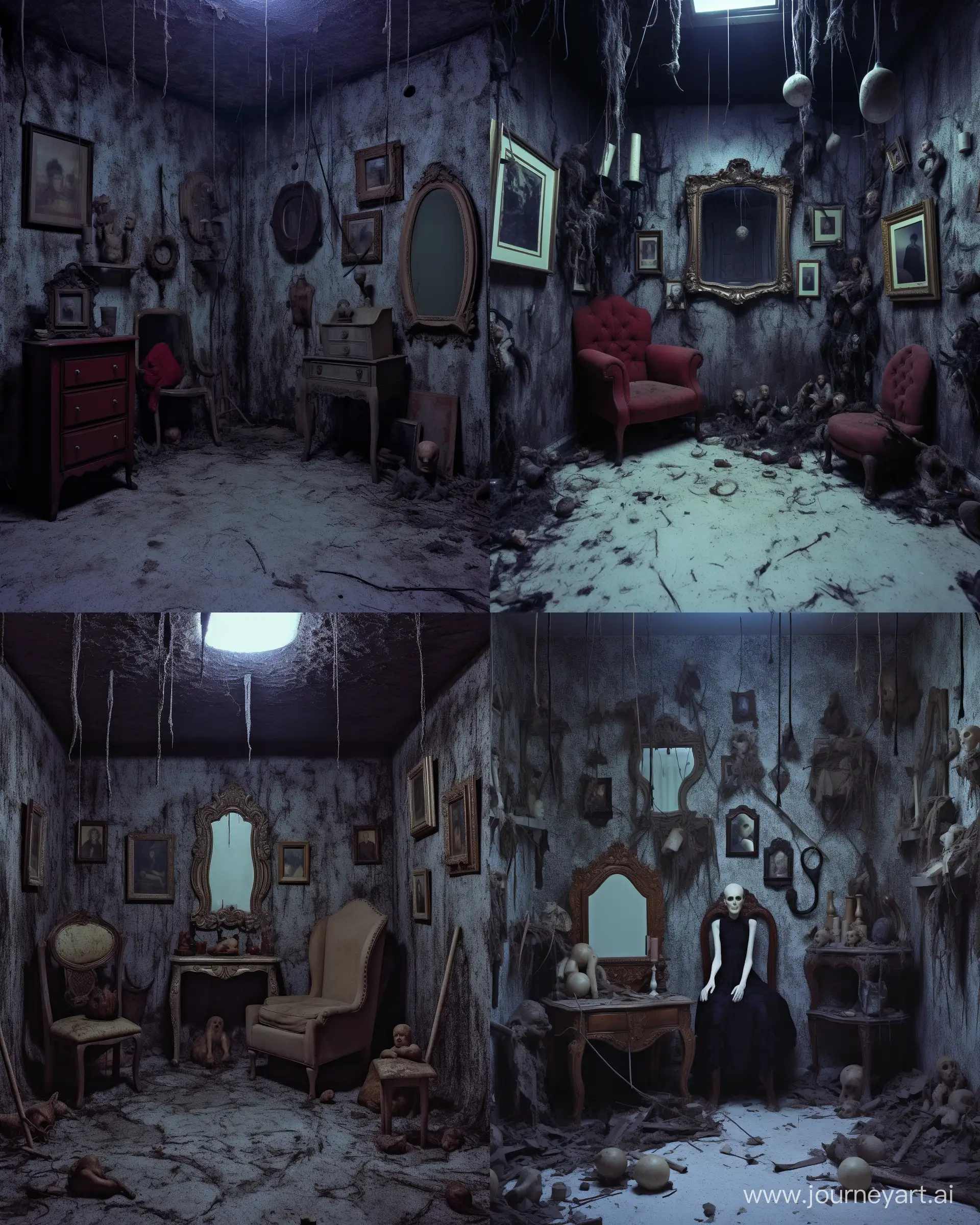 staged photography of surrealism sculptures in a dark blue ruined room  --ar 4:5