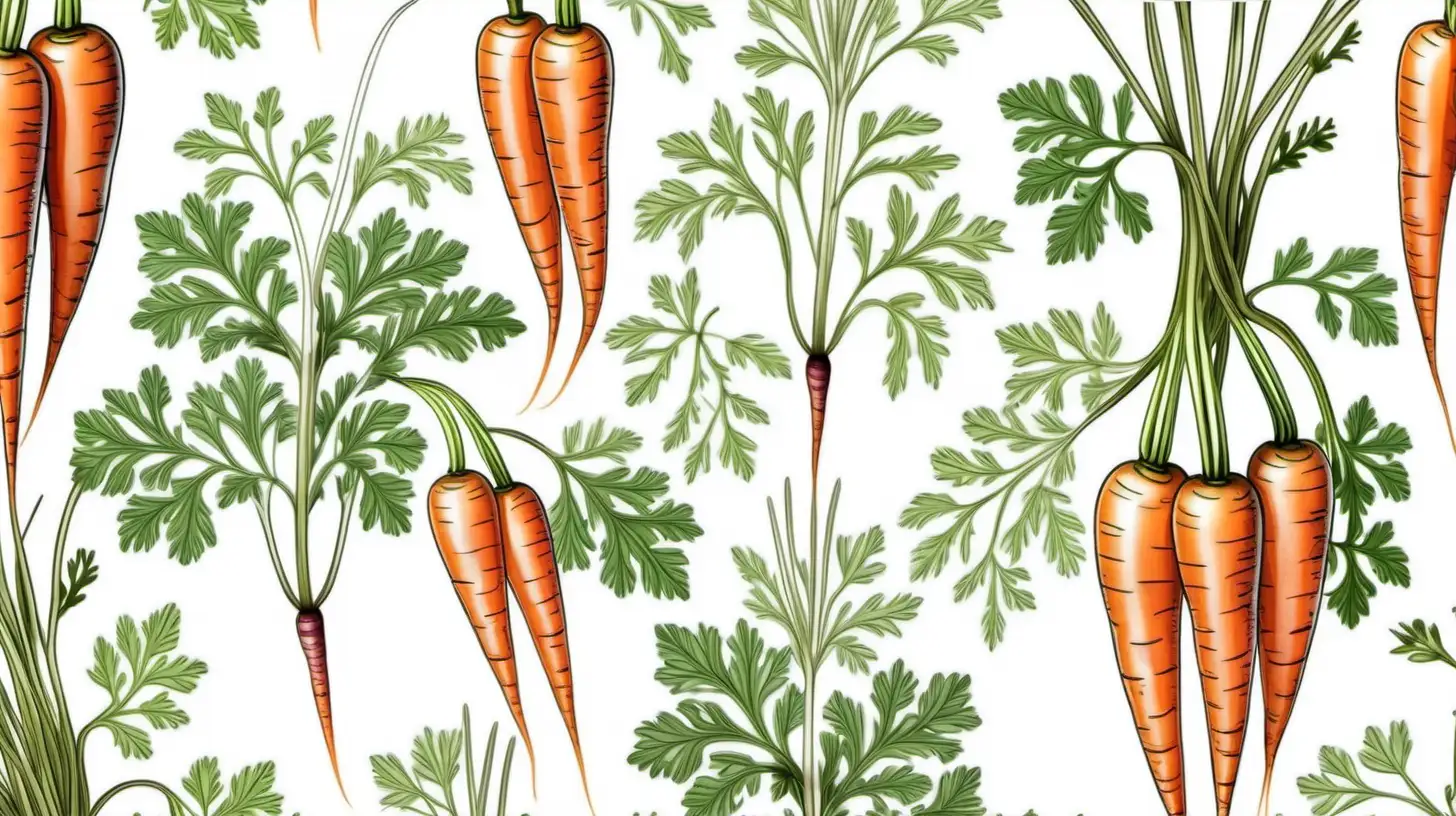 Realistic Carrot Plant Botanical Illustration Pattern on White Background