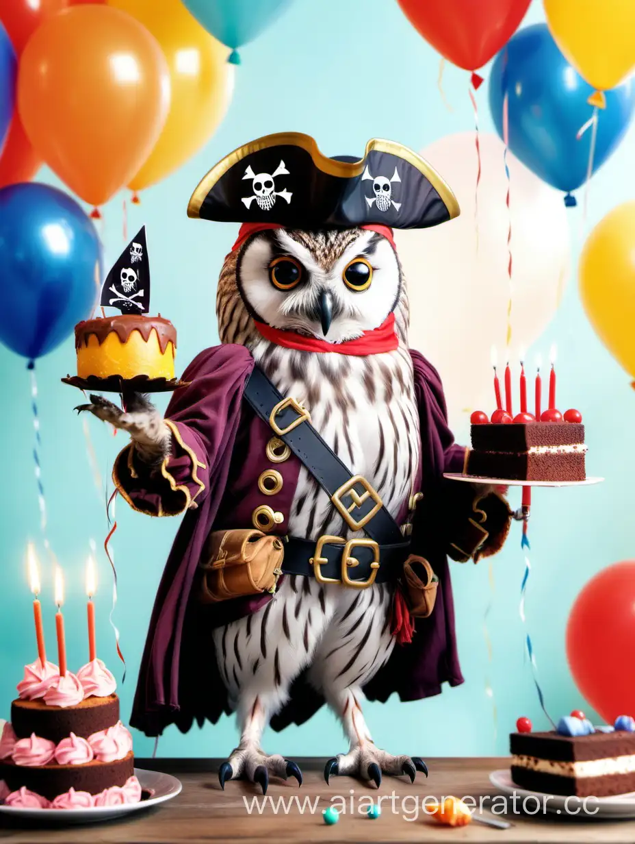 Whimsical-Pirate-Owl-Celebrating-with-Cake-and-Balloons