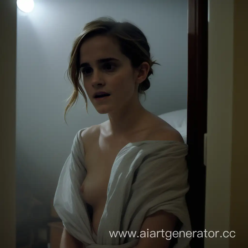 Grainy Movie still, Inside a foggy guestroom, a slight side view, not humid, Emma Watson, resting, keyhole cloth, emotions, emma not watson wears fashion cloth, not showing too much skin, excited