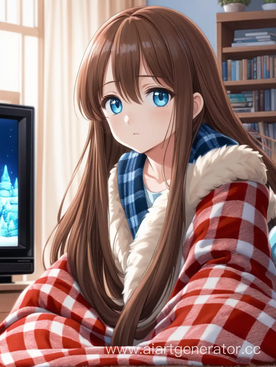 Аниме девушка с длинными коричневыми волосами и голубыми глазами сидит около телевизора укутанная в теплый клетчатый плед, мечтательно смотрит в экран телевизора