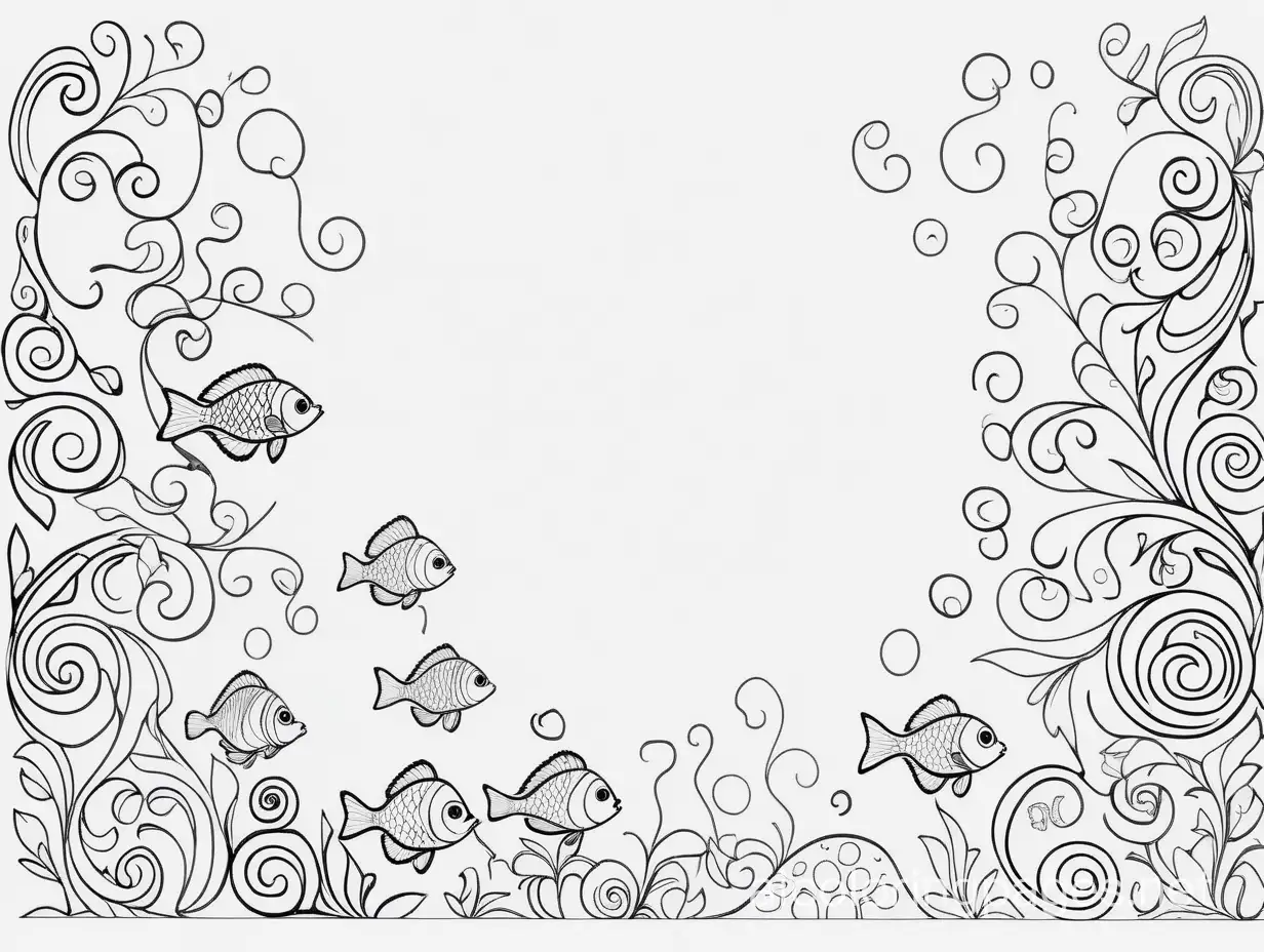 Swirls and fishes, Coloring Page, black and white, line art, white background, Simplicity, Ample White Space. The background of the coloring page is plain white to make it easy for young children to color within the lines. The outlines of all the subjects are easy to distinguish, making it simple for kids to color without too much difficulty
