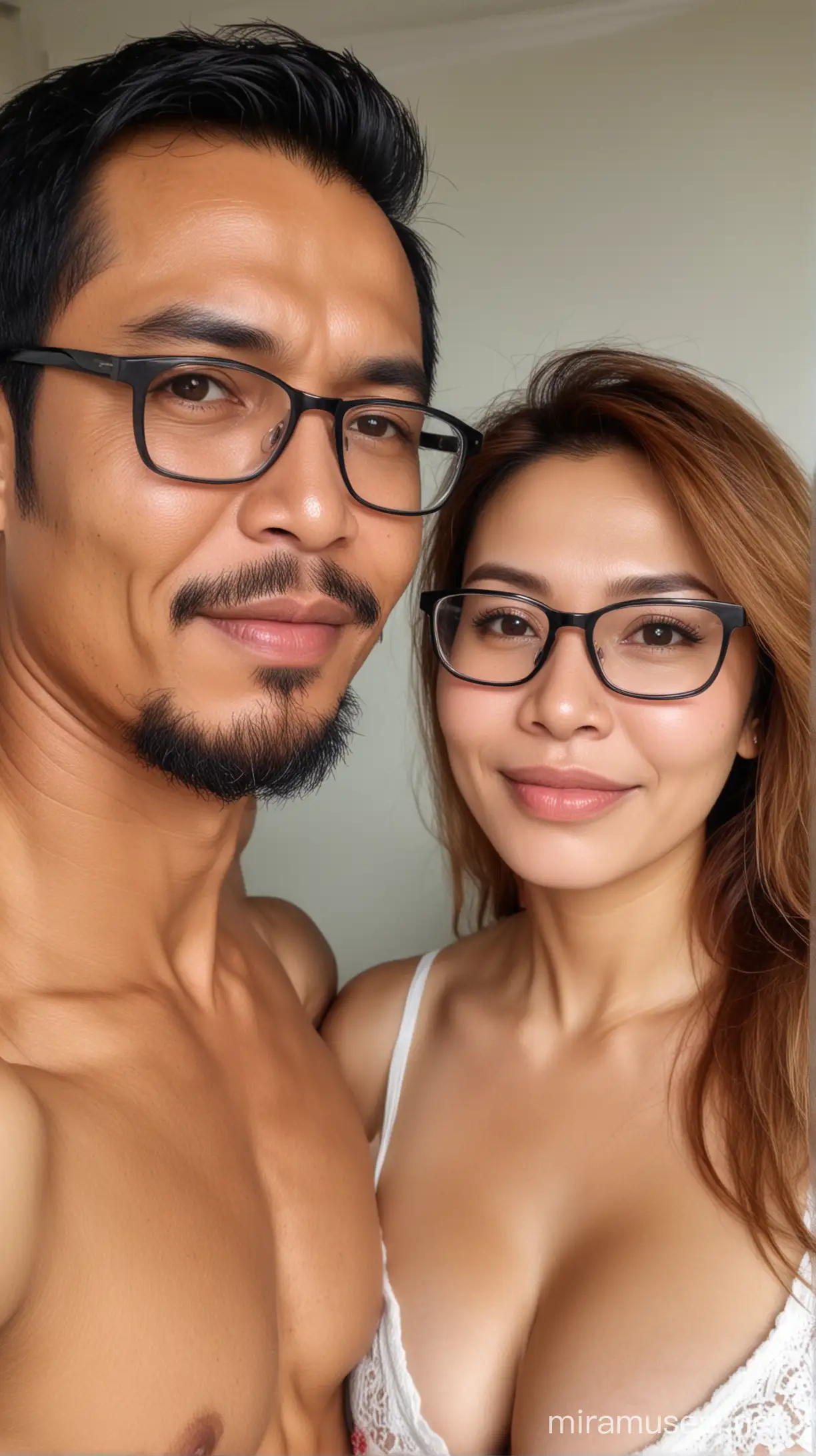 Indonesian handsome guy 46 years old, glasses, light beard, hug her cute wife, super big breast, good anatomy, perfect body.

