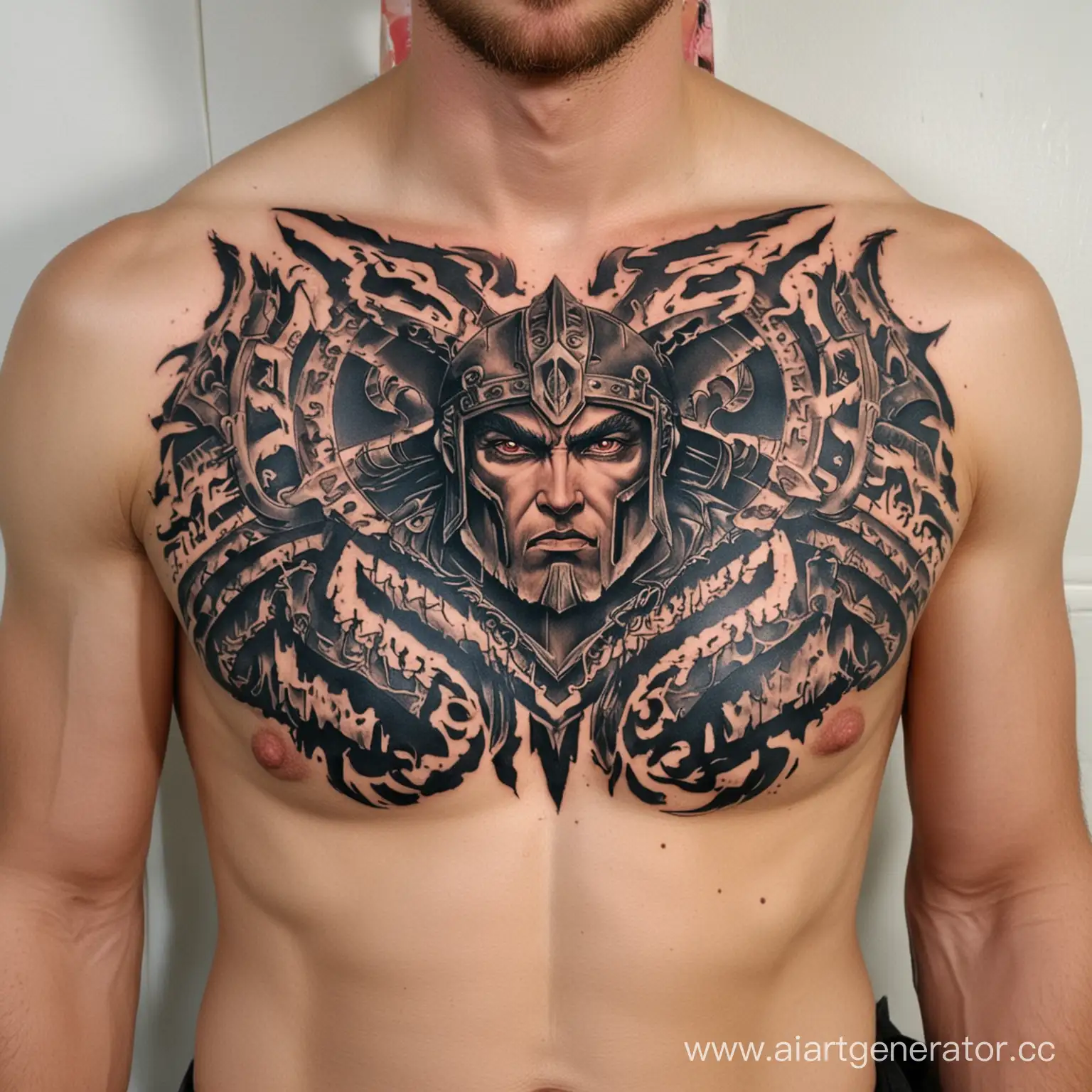 татуировка в стиле фэнтези воин на груди