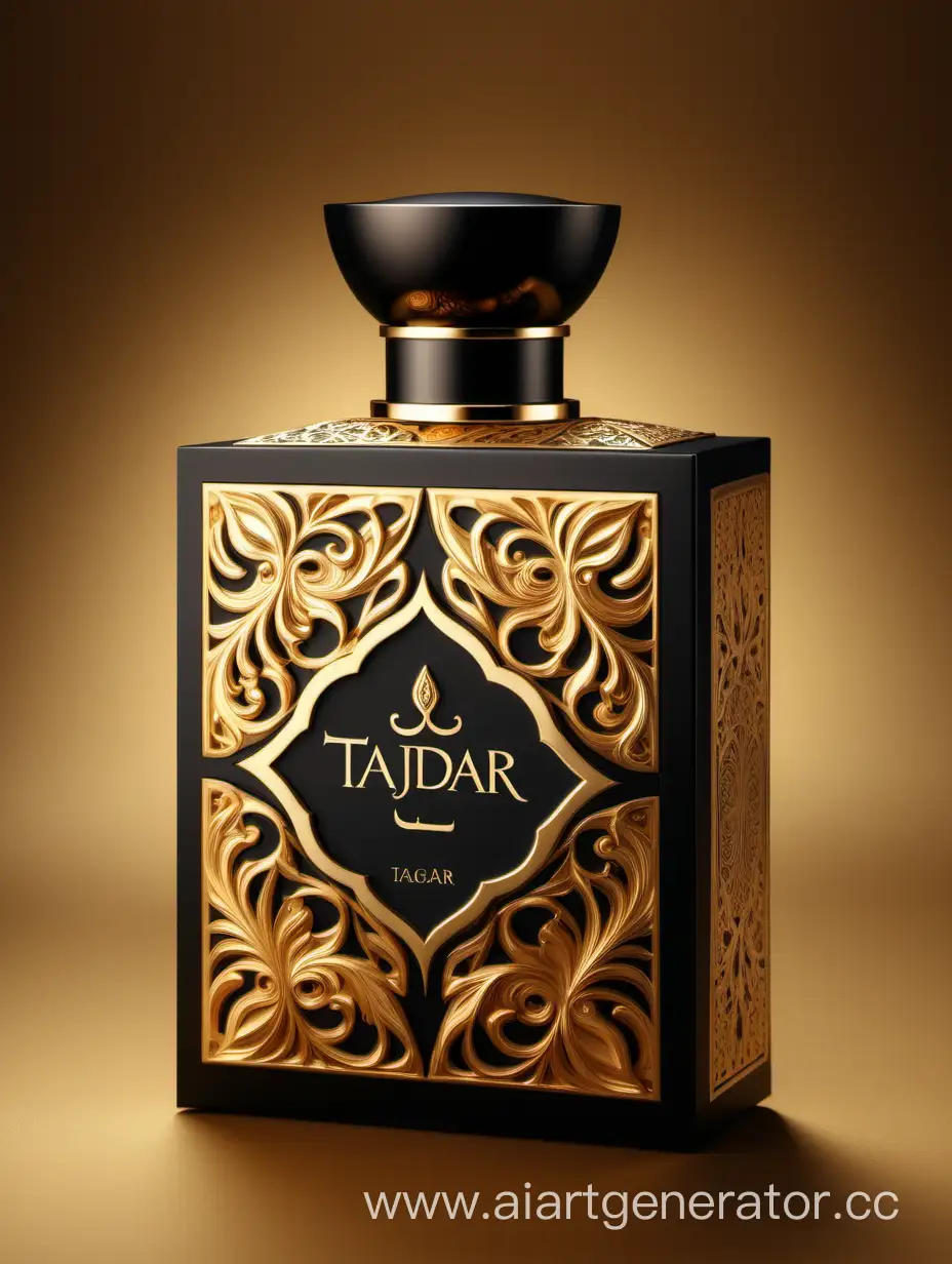 Luxurious-TAJDAR-Perfume-Box-Design-in-Elegant-Gold-and-Royal-Black