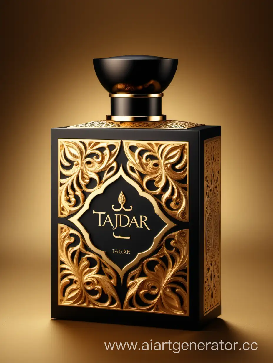 Box package design of perfume TAJDAR product, elegant, trending on artstation,   sharp focus,   studio photo,   intricate details,   highly detailed,   gold, Royal black and beige color on gold background