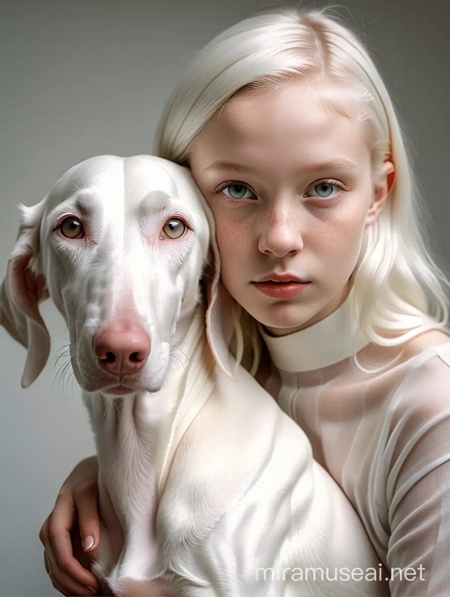 white hound leaning against a albino girl facing front, symmetry, naturalistic animal portraits, schlieren photography, anne dewailly, white and white, soft-focus portraits, hyperrealistic wildlife portraits, glamourous, vogue, insanely detailed, 32k, white solid color background, close-up of eye, front view

