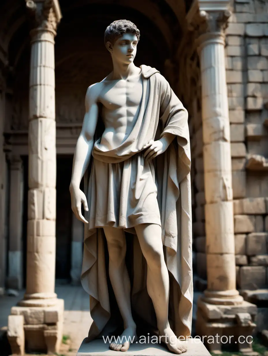 Античная скульптура юноши 16 лет, стоит в полный рост, рельефное тело, фон античного города, плащ свисает на руке
