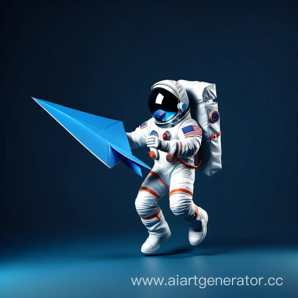 Cartoon-Astronaut-Launching-Blue-Paper-Airplane-in-Space