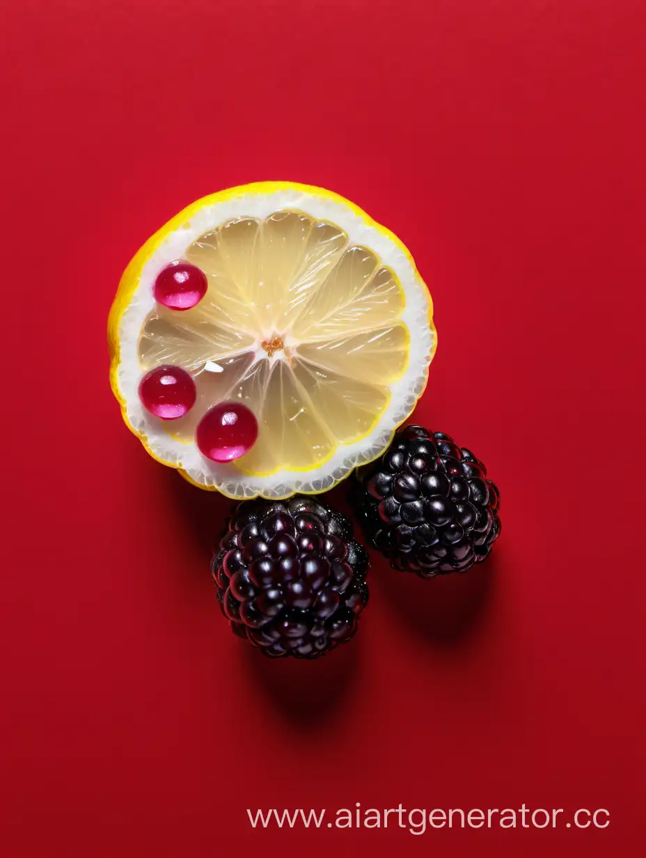 Vibrant-Boysenberry-and-Lemon-Slices-in-Water-Droplets-on-Red-Background
