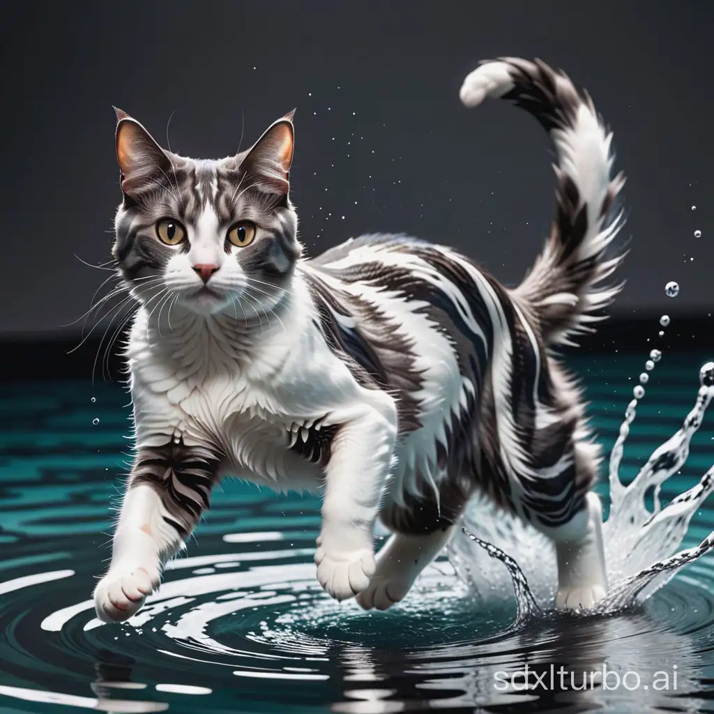 a cat dive into water, the cat's body and the background have a swirled pattern that blends together, fluid visual effect, the cat has a grey and white coat with dark grey stripes on its legs