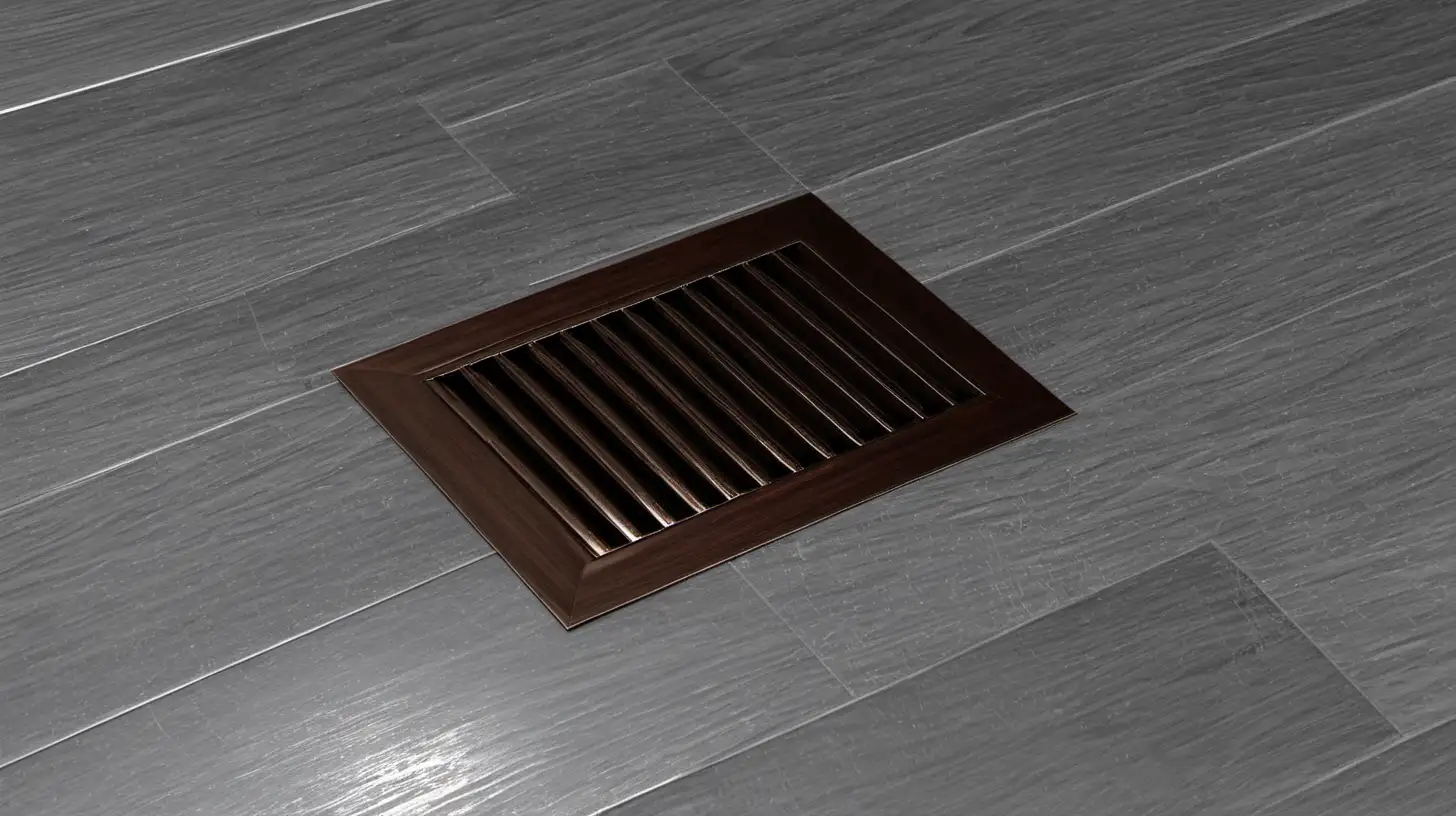 long rectangular shiny brown vent on gray wood floor corner. make the image lighter and clearer
