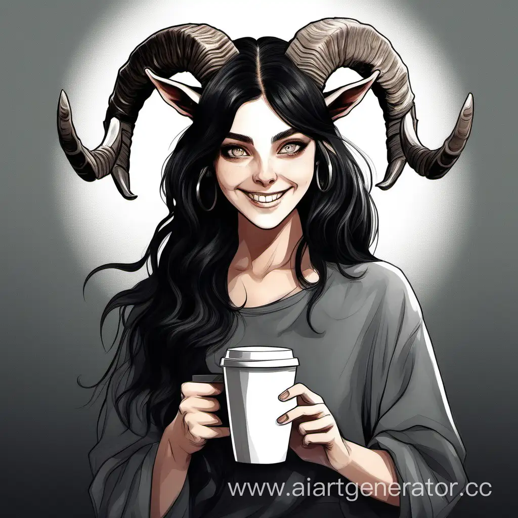 Черноволосая девушка с серыми глазами, и с козьими рожками на голове улыбается и пьет кофе