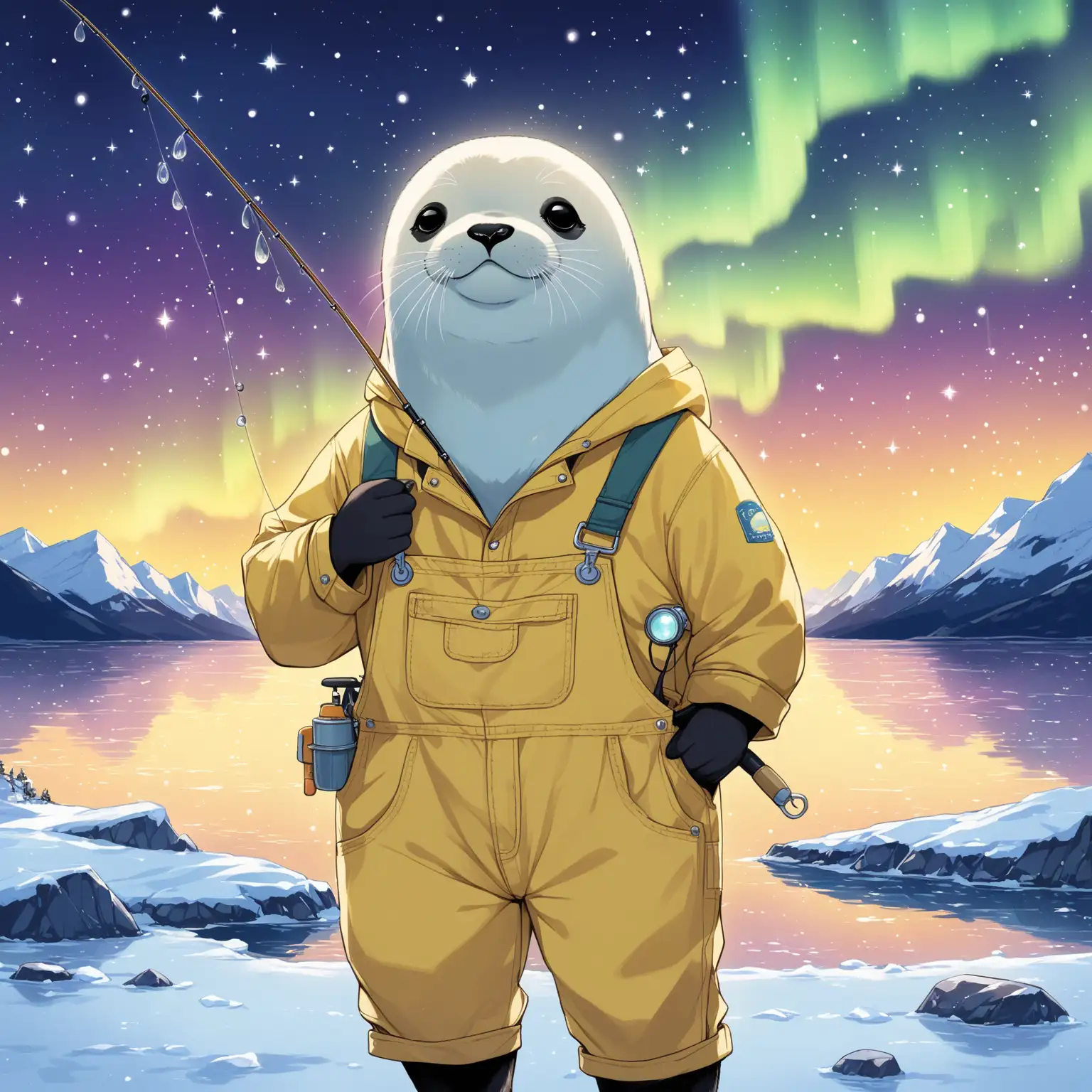 a cutiepie artic seal man wearing yellow fishing overalls, he is holding a fishing road, the aroura borealis lights the night sky