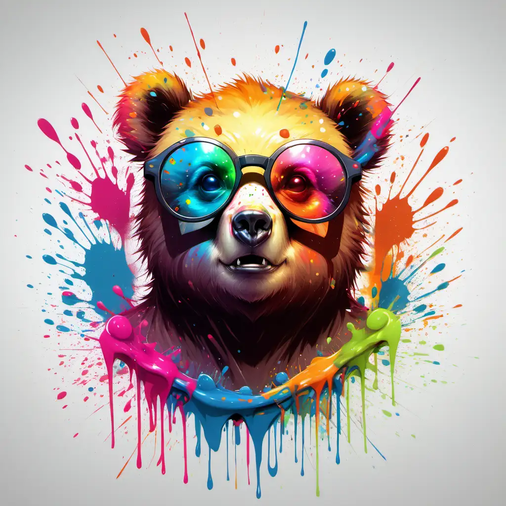 T-shirt design, baby bear wearing round glasses with colorful paint splatters on its face, poster art by Alex Petruk APe, featured on cgsociety, shock art, 2d game art, artwork, poster art white background