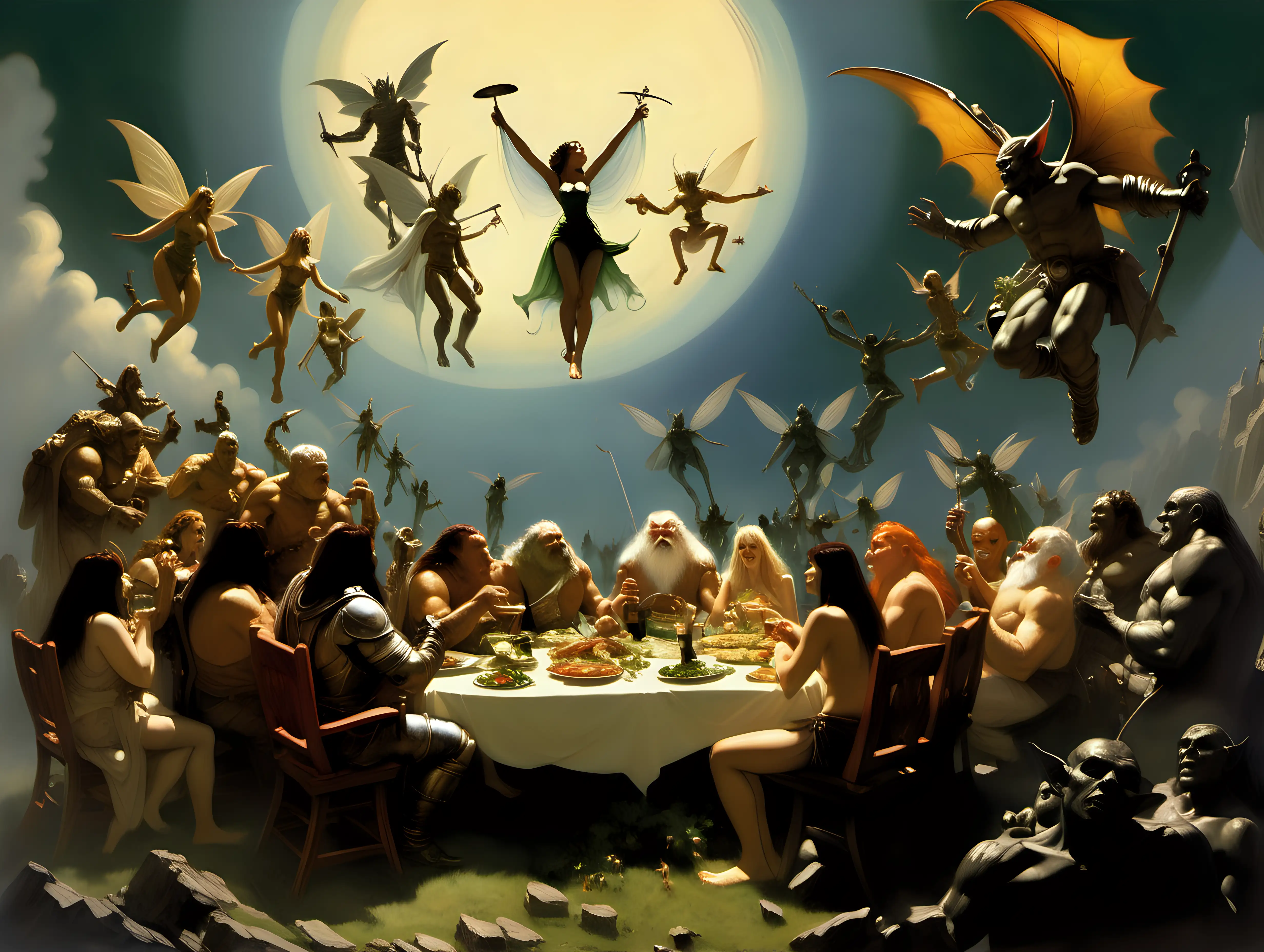 hobbits and giants  and fairies and elves having dinner in Heaven with all the saints Frank Frazetta style