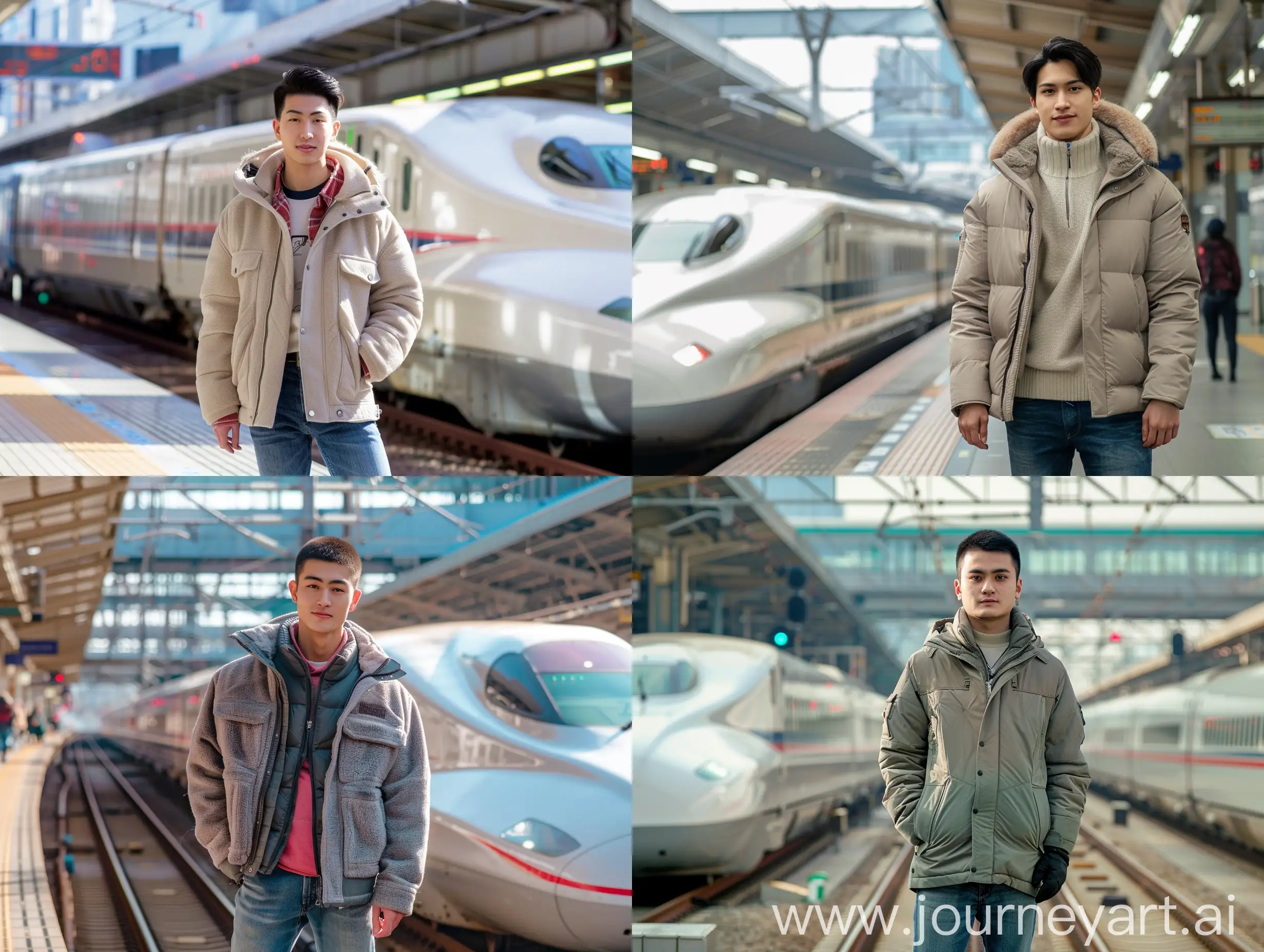 an charming Thailand man (25 years old, oval and clean face, formal hair, thin body, wearing a thick winter jacket, jeans) standing posing like a model in front of Shinkansen (bullet trains): Japan is known for its high-speed trains, such as the Shinkansen, which can travel at speeds of up to 200 miles per hour.