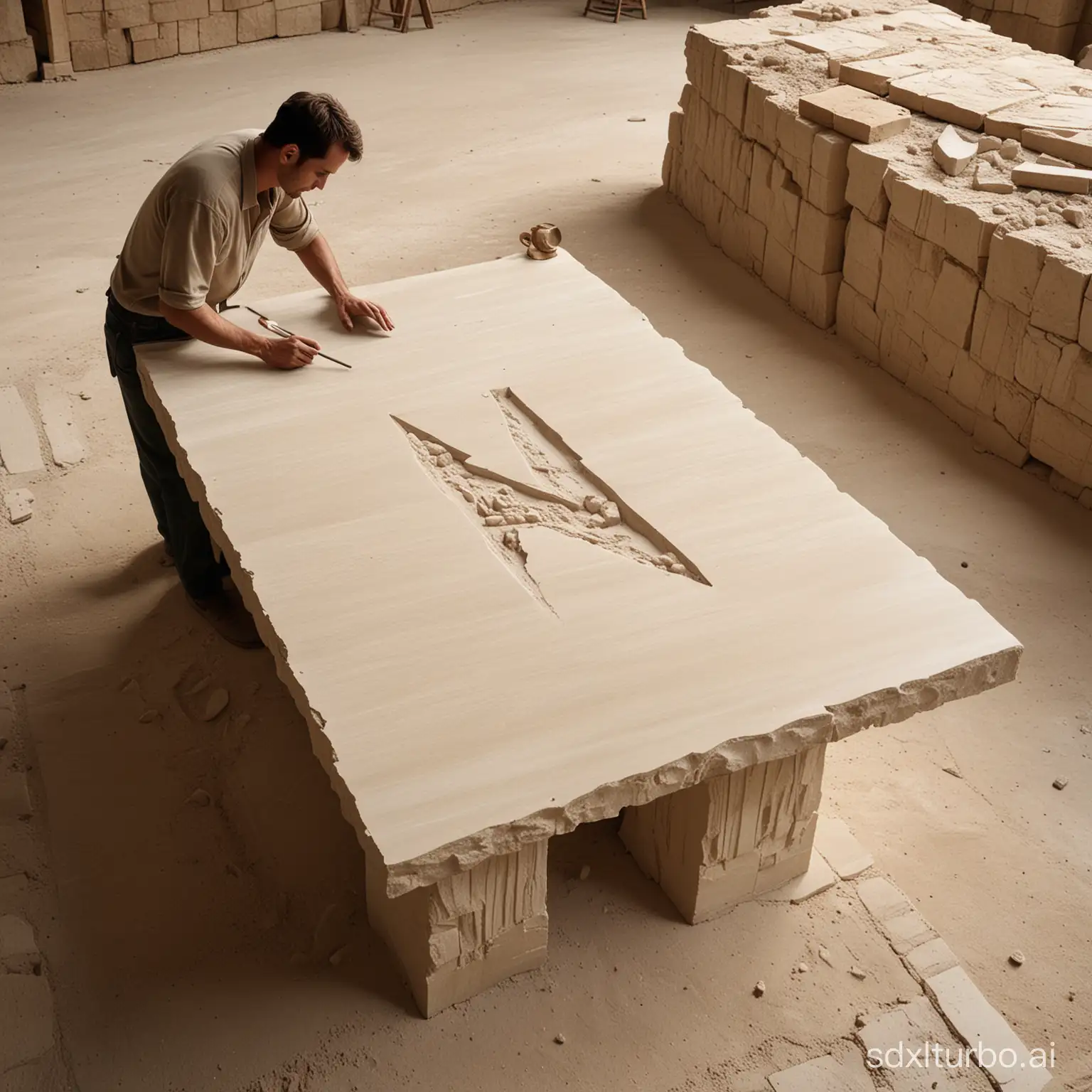 "A cinematic and realistic depiction of a travertine stone quarry, captured as if by an art photographer. The scene highlights the rich beige tones of the quarry while showcasing a craftsman at work. In one corner of the image, the craftsman meticulously hand-carves a piece of travertine stone into a sophisticated table. Uniquely, the craftsman is also engraving the letter 'N' into the surface of the table. This visual narrative contrasts the ruggedness of the quarry environment with the delicate craftsmanship involved in turning raw stone into a polished, functional piece of furniture."