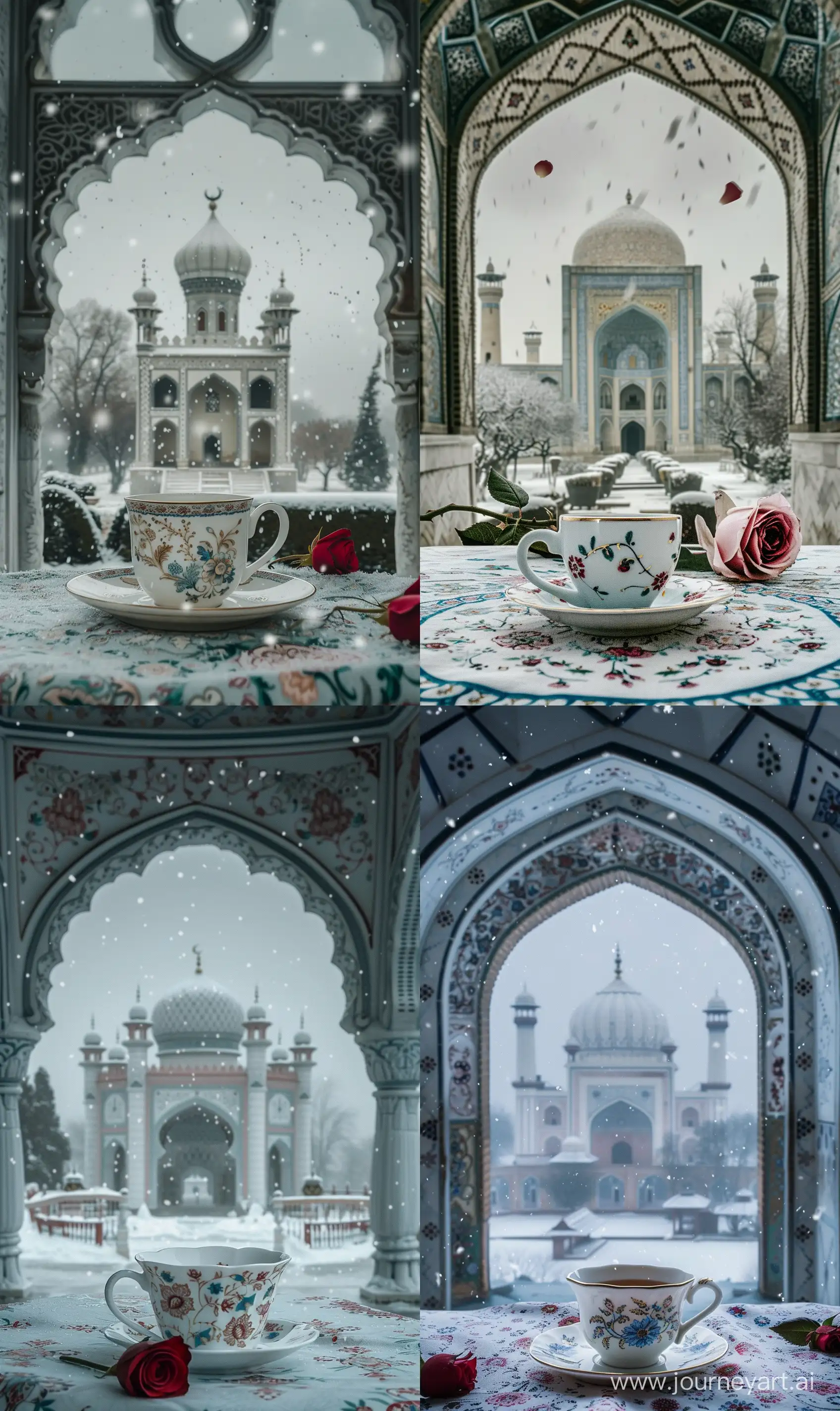 artistic style, white blue red, A teacup on tablecloth with rose flowers, view from a Persian arch, view of White ceramic islamic castle mosques covered with white porcelain exterior having tiny blue red persian floral motifs with gold outlines, snowy weather, dark grey sky --v 6 --ar 3:5