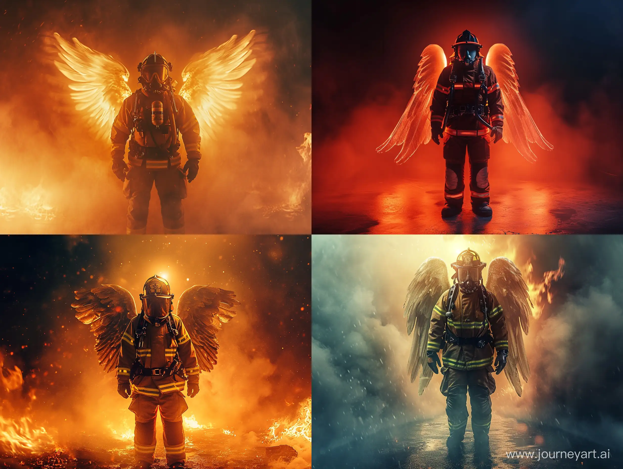 a firefighter stand in center of image, he has two wings in his back, front view, cinematic lighting and realistic, detailed