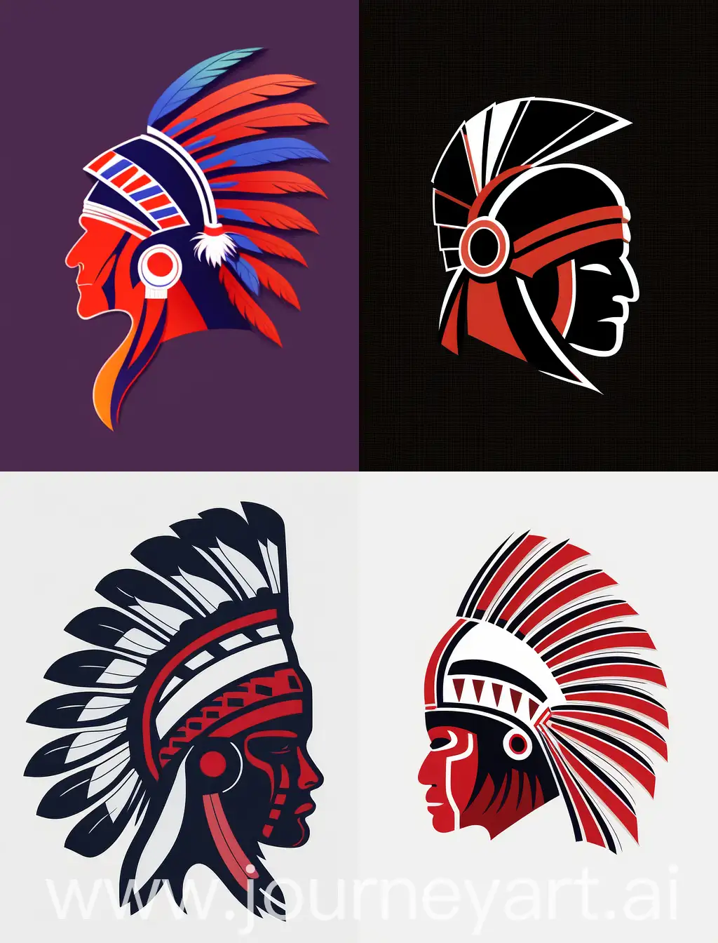 Crie uma logo minimalista de um indigena com um cocar, de perfil. Semblante sério. O indigena é um guerreiro. As cores utilizadas na criação da imagem devem ter as cores preto, vermelho e branco.
