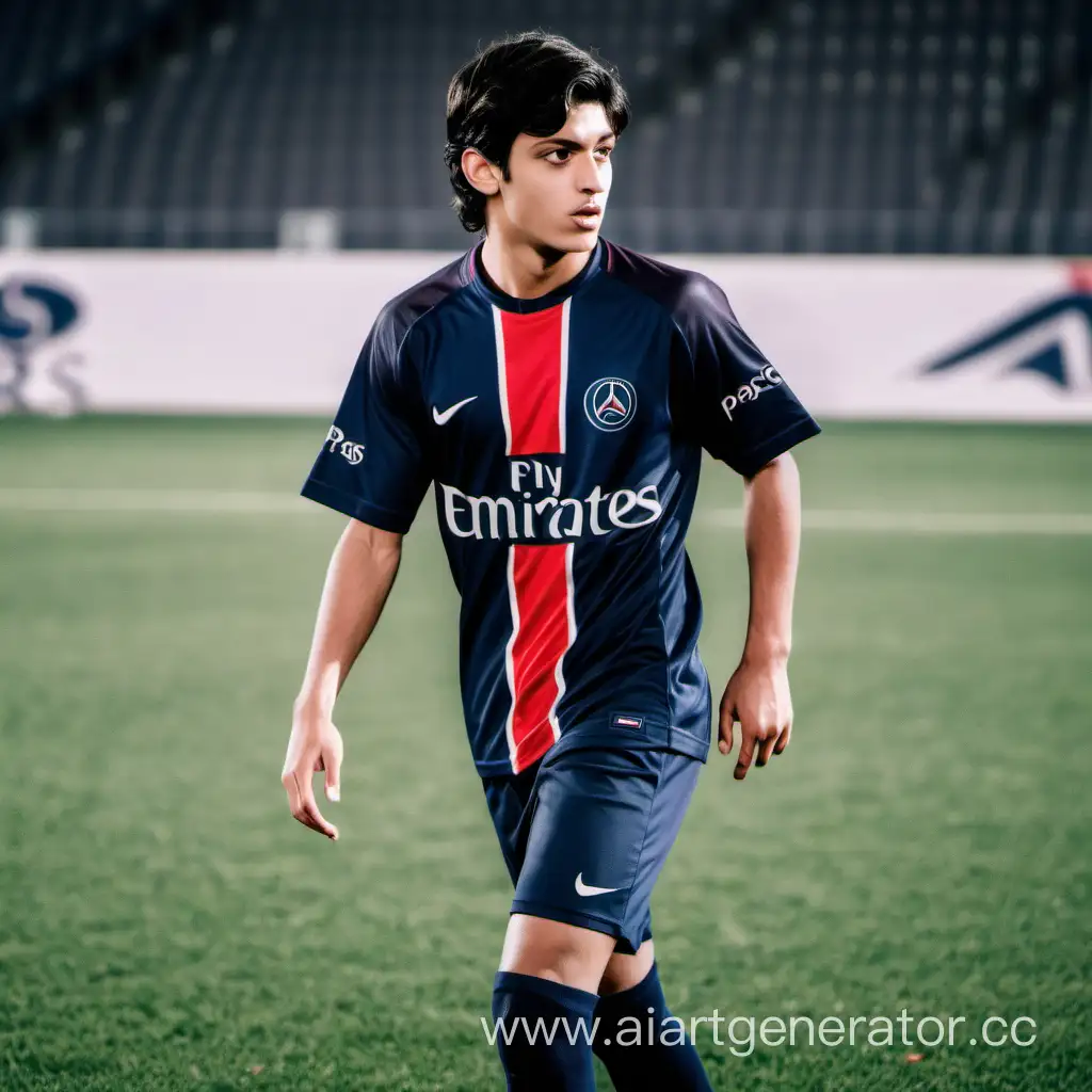 Молодой футболист 20 лет, в футболке клуба ПСЖ, темные волосы, французкой внешности