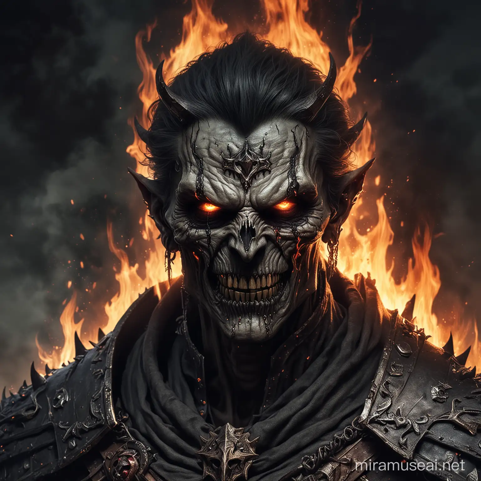 Once a noble ruler, he was corrupted by demon, and transformed into a powerful undead warlord. His appearance is as terrifying as his backstory. His once-proud visage is now a skeletal grin, his eyes burning with an unholy fire