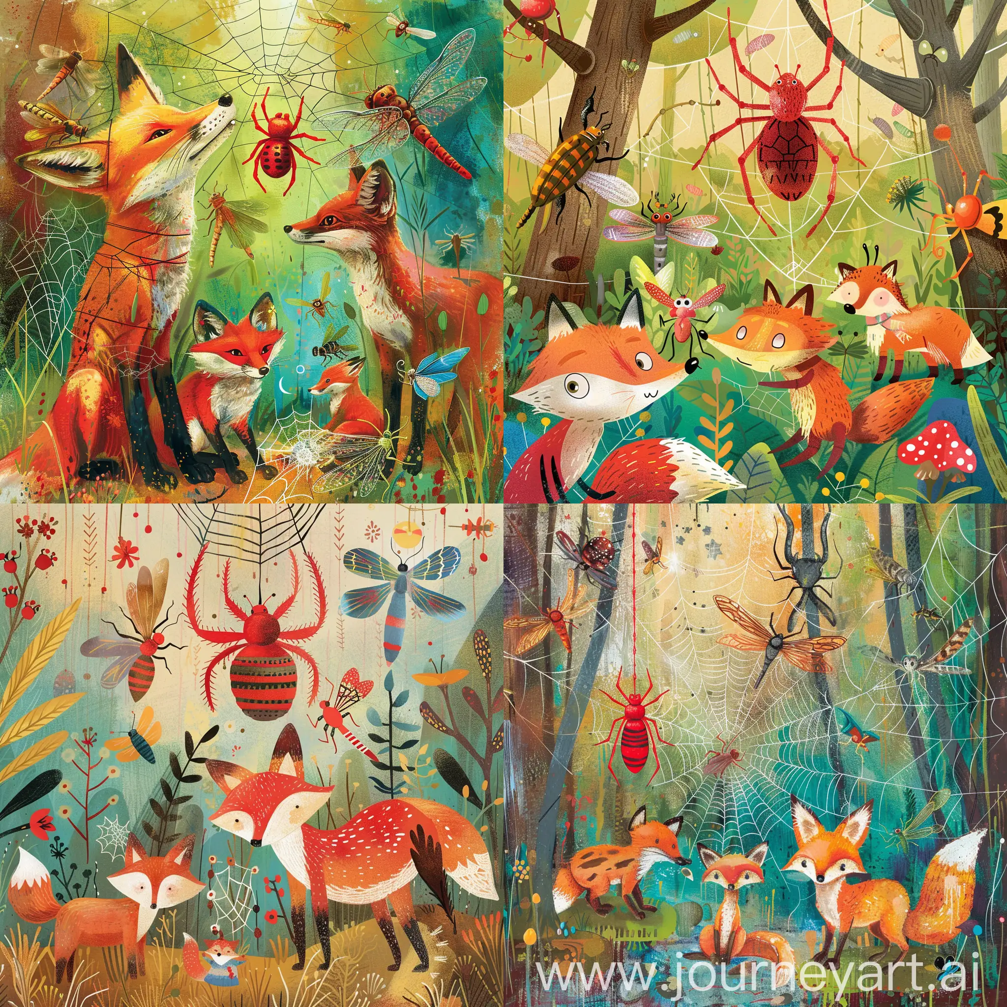 Designed in the style of a "woodland animal fairy tale ((red spider hanging from a web))" (focus), featuring enchanting and friendly scarabs, foxes, dragonflies, mythical creatures, and whimsical characters on a colorful background to capture the attention and spark the imagination of young readers.