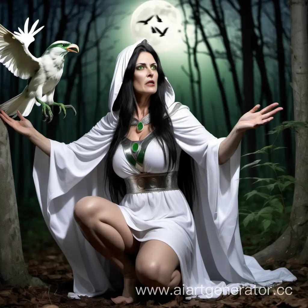 woman, mature, milf, realistic, black long hair, big breasts, green eyes, furious, full-length, forest and bird background, moon background, white roman tunic, bird on hand, diadem with moon on head, white hood, sit 