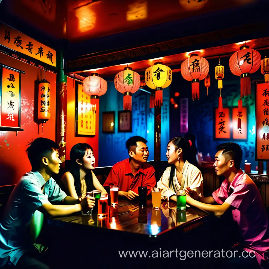 一群东方人，在中国酒吧卡座喝酒，灯光昏暗，色彩斑斓