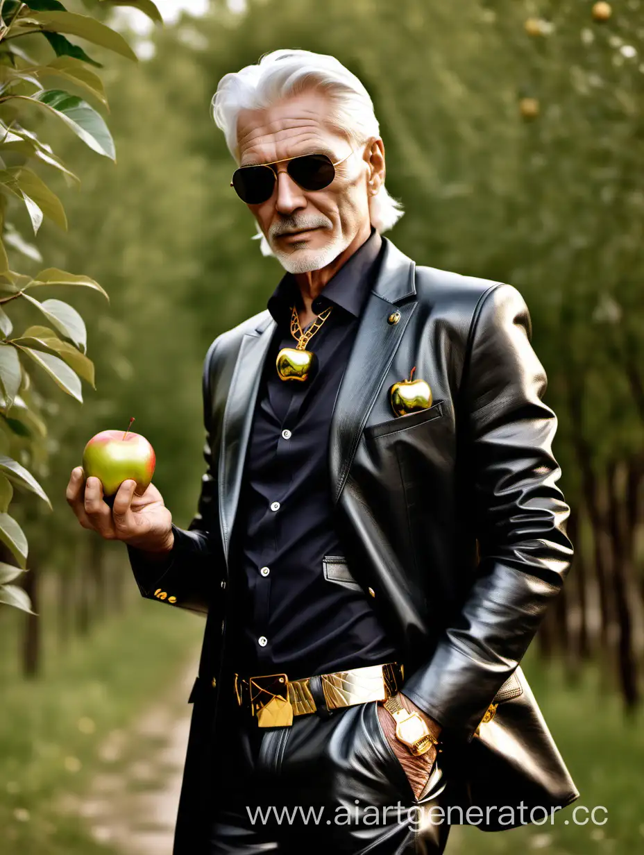 stylish men with white hair wrinkles arpund 50-60 years old in  premium black leather outfit with golden  accesories around nature gold apple 
