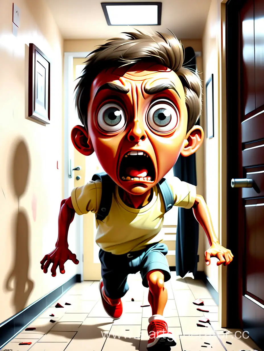 a running man with (very big eyes:1.3), a ((terrified look)), kicking children in different directions on the way to the exit and shouting: "bro, earthquake", front-side view 