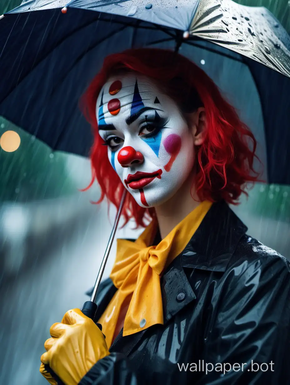 Melancholic-Clown-Expressive-Woman-with-Umbrella-in-the-Rain